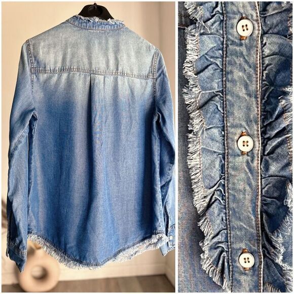 Splendid Indigo Ruffle Chambray Shirt Button front Medium - Picture 3 of 4